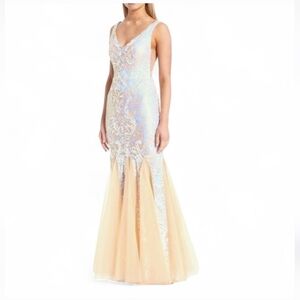 Pear Culture Iridescent Sequin Mermaid Gown Nude Illusion Prom Formal Dress 3/4
